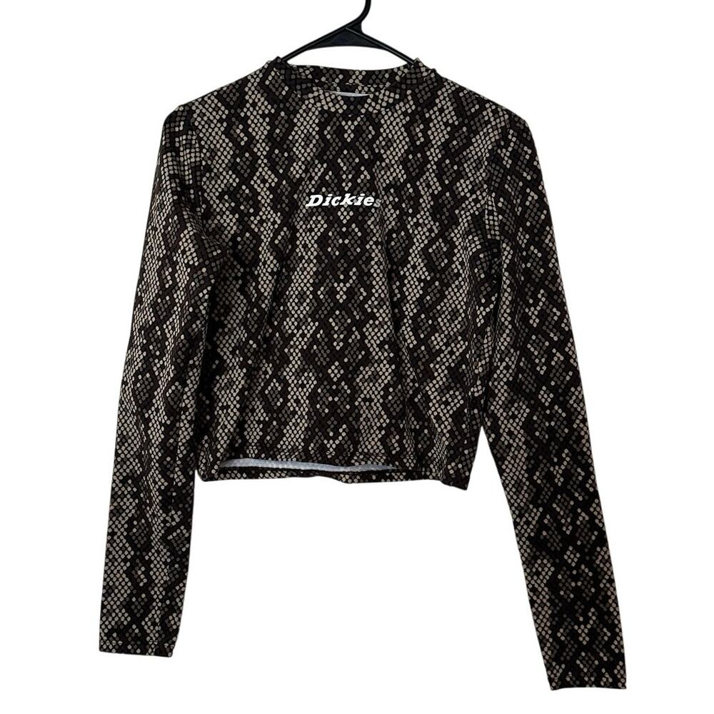Dickies Womens Snakeskin Pattern Long Sleeve Crop Top Size L Brown Beige Stretch